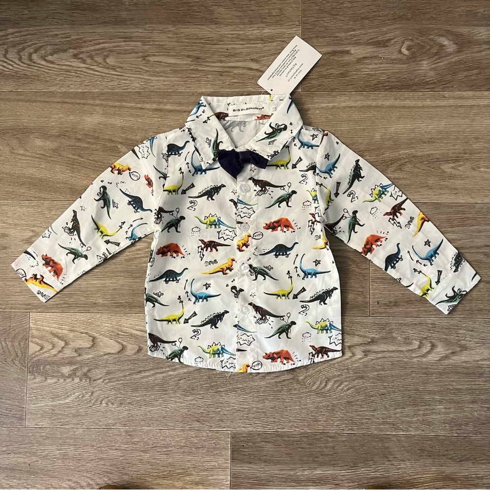 NEW Dinosaur button down cotton shirt with a bow tie